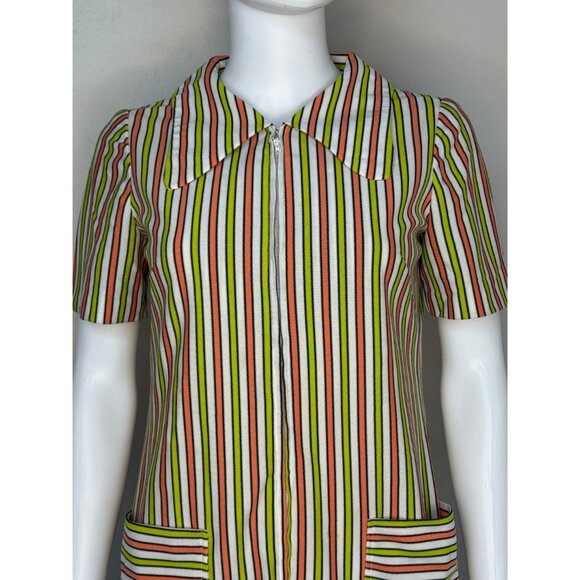 Vintage 1970s Striped Mod Dress, Large Collar, Handmade, S/M, Double Knit Zip Up - Picture 4 of 7